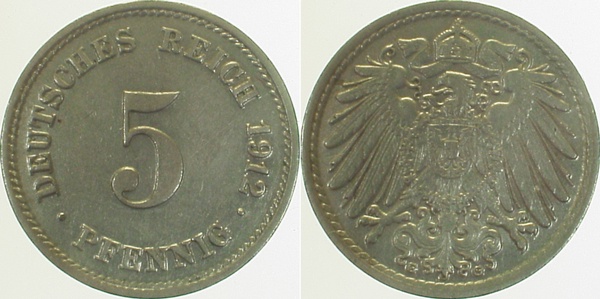 5 Pfennig 1912 G f prfr J012 f prfr 5 Pfennig