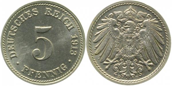 5 Pfennig 1913 D fast stempelglanz J012