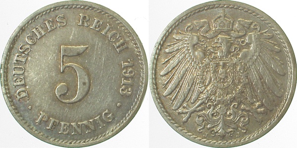 5 Pfennig 1913 J vz+ J012 vz+ 5 Pfennig