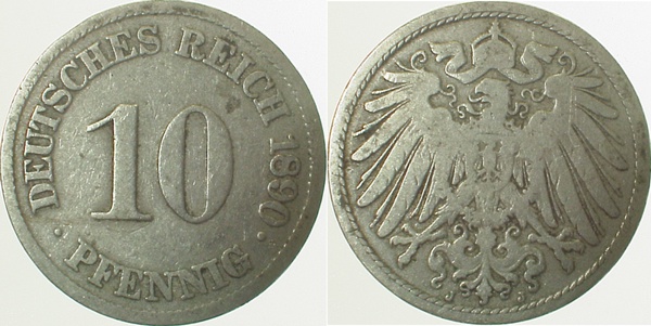 10 Pfennig 1890 J prfr/stgl !!!