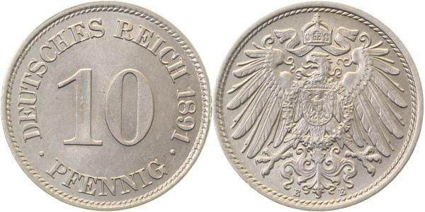 10 Pfennig 1891 E prfr/prfr/stgl! J013 10 Pfennig