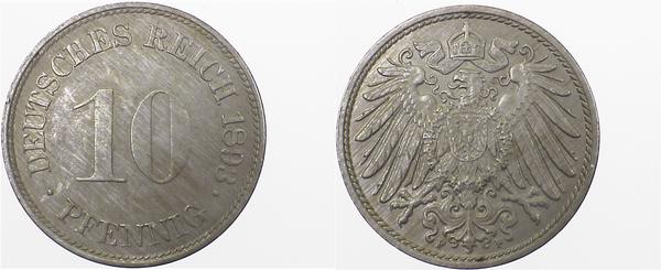 10 Pfennig 1893 F st fein Patina Super! J013 10 Pfennig