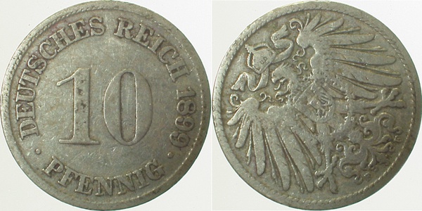 10 Pfennig 1899 F J013 | Variante | deutlich niedrige zweite "9" in 1899 niedrig