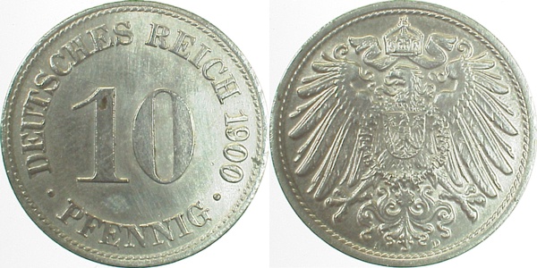 10 Pfennig 1900 D, ohne Ring geprägt UNIKAT sehr schön/vorzüglich
