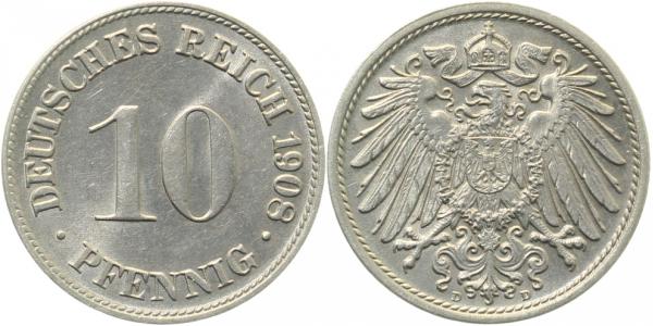 10 Pfennig 1908 D f stgl J013 f stgl 10 Pfennig