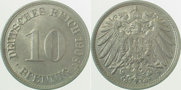 10 Pfennig 1908 G prfr/stgl ! J013 prfr / stgl 10 Pfennig