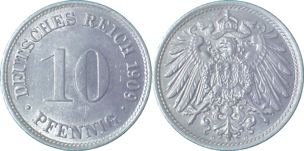 10 Pfennig 1909 D vz/stgl ! J013 vz / stgl 10 Pfennig