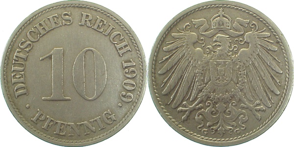 10 Pfennig 1909 G ss+ J013 ss+ 10 Pfennig