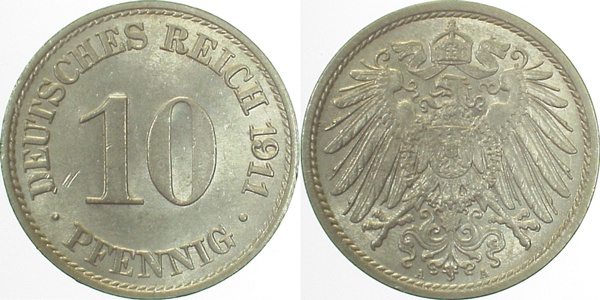 10 Pfennig 1911 A prfr J013 prfr 10 Pfennig
