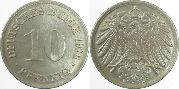 10 Pfennig 1916 D f stgl J013 f stgl 10 Pfennig