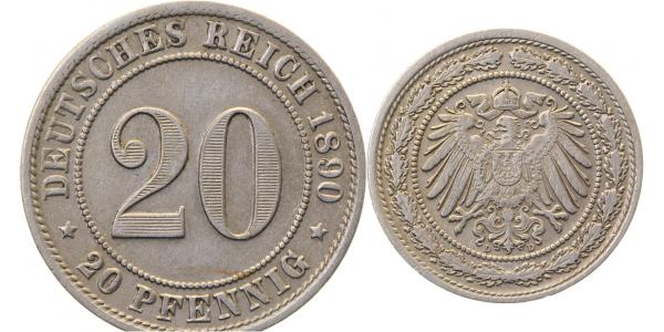 20 Pfennig 1890 D ss/vz 9 über 8 geprägt J014