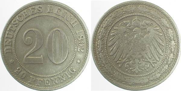 20 Pfennig 1892 G J014 sehr schön
