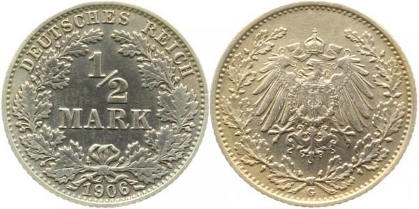 ½ Mark 1906 G prfr leicht gereinigt ! J016 prfr ½ Mark