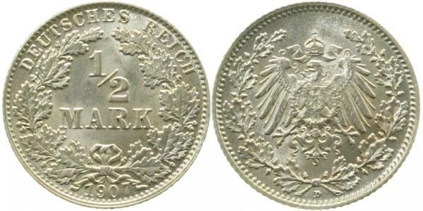 ½ Mark 1907 D prfr/stgl, die 0 und 7 leicht doppelt ! J016 ½ Mark