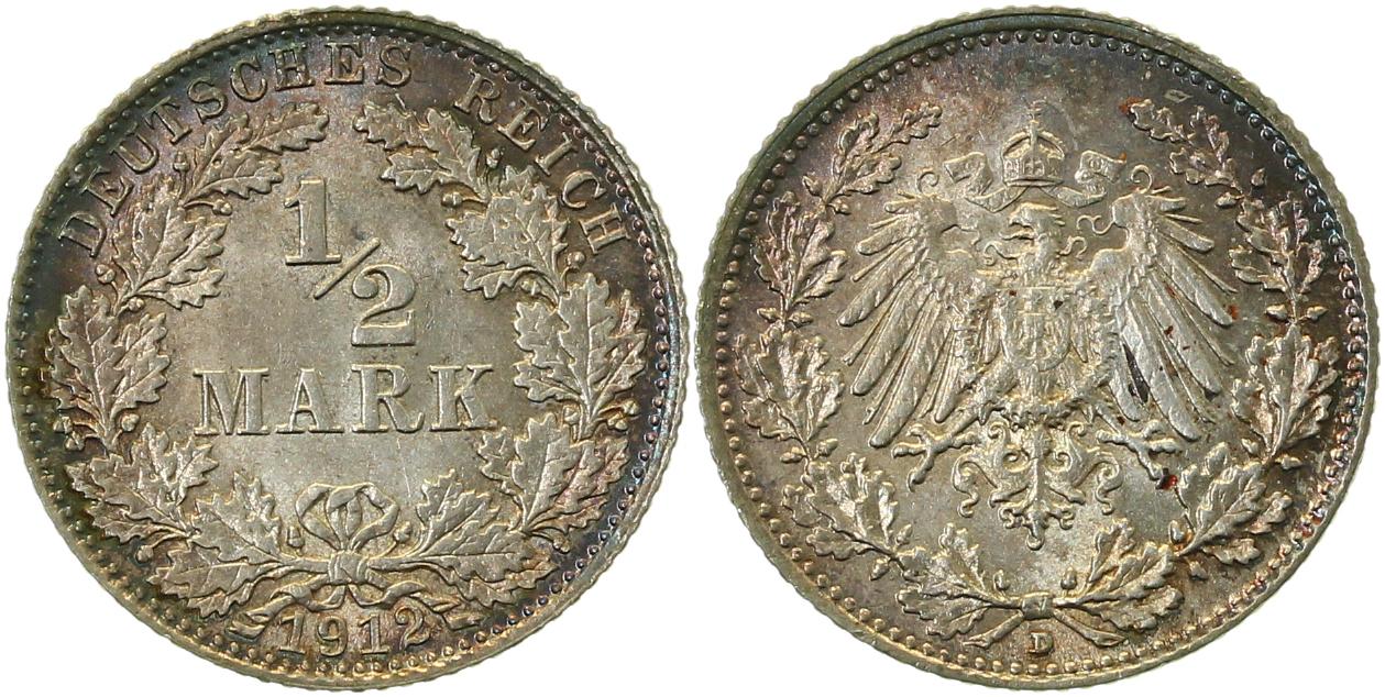 ½ Mark 1912 D J016 Erstabschlag selten