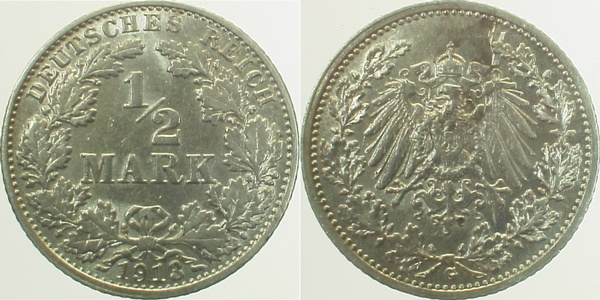 ½ Mark 1913 G J016 Münzzeichen stark doppelt