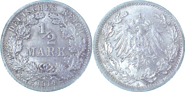 ½ Mark 1914 A ca S30 vz J016 vz 1/2 Reichsmark