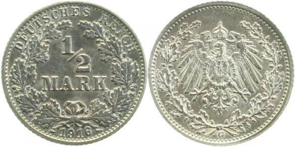 ½ Mark 1916 G J016 prfr/stgl normale "6"