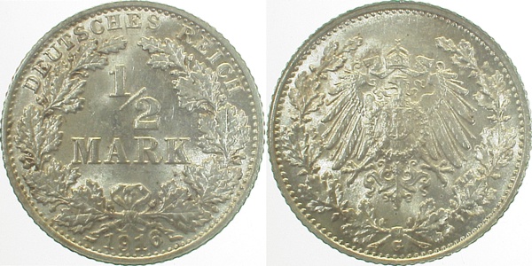 ½ Mark 1916 G J016 vz/stgl, normale "6"