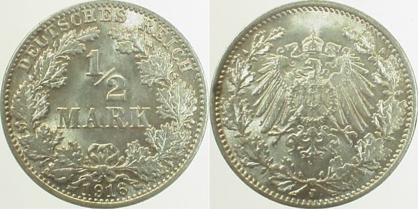 ½ Mark 1916 J f prfr Münzzeichen dopp J016 f prfr ½ Mark