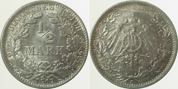 ½ Mark 1917 J prfr fleckige PatinaJ016