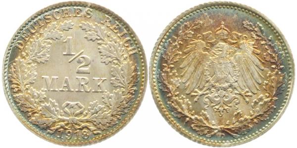½ Mark 1918 D stgl/feinst! J016