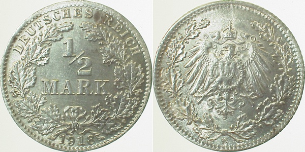 ½ Mark 1918 D Erstabschlag prfr Stempel-Streifen J016