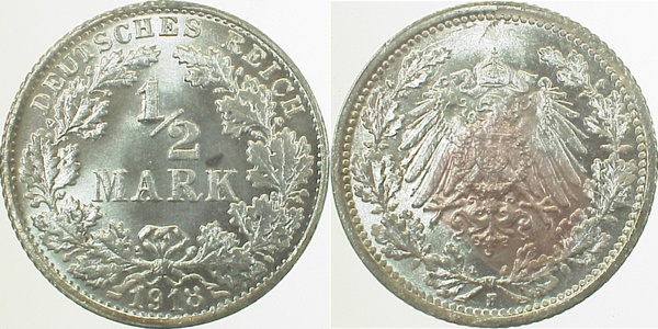 ½ Mark 1918 F offene "8" J016 stempelglanz fein