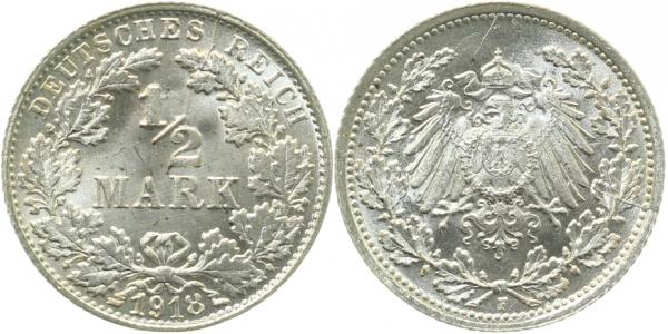 ½ Mark 1918 F Variante vz/st J016 offene "8"