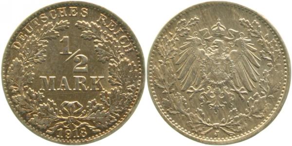 ½ Mark 1918 J st fein schöne Patina J016