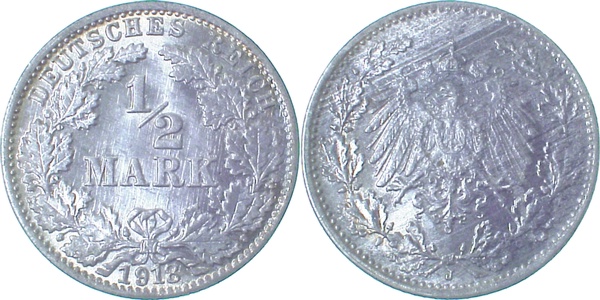 ½ Mark 1918 J Variante stgl 8 nach oben doppelt ! J016