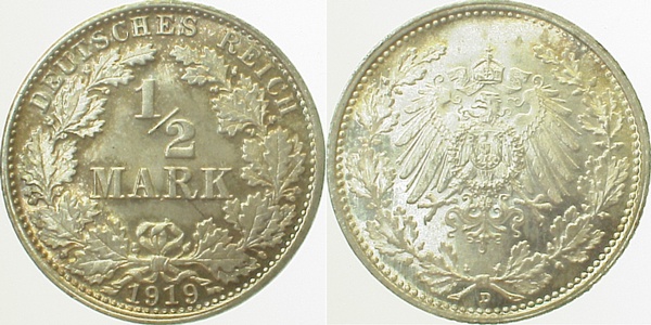 ½ Mark 1919 D prfr schöne Patina J016