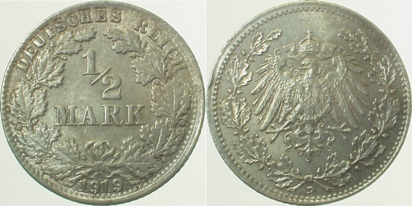 ½ Mark 1919 D Variante prfr Münzzeichen doppelt! J016