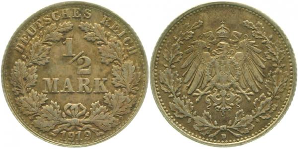 ½ Mark 1919 D vz J016 vz ½ Mark