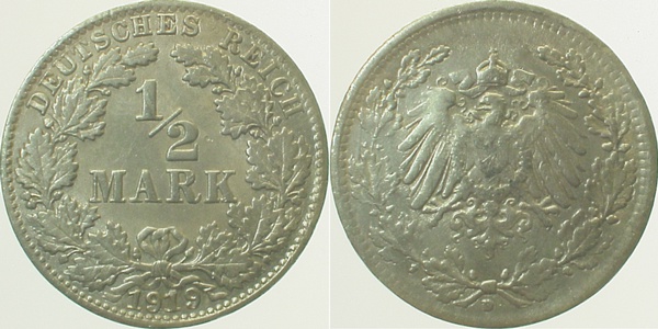 ½ Mark 1919 D vz 2 1 doppelt! J016 vz ½ Mark