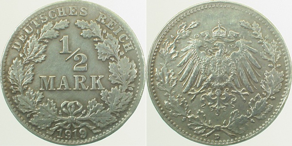 ½ Mark 1919 D 9 über 8 ! J016 ½ Mark