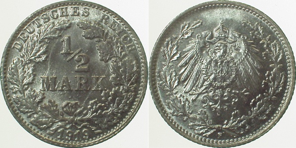½ Mark 1919 F stgl fein geschwärzt J016 ½ Mark