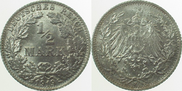 ½ Mark 1919 F prägefrisch, geschwärzt, Gedenkmünzen