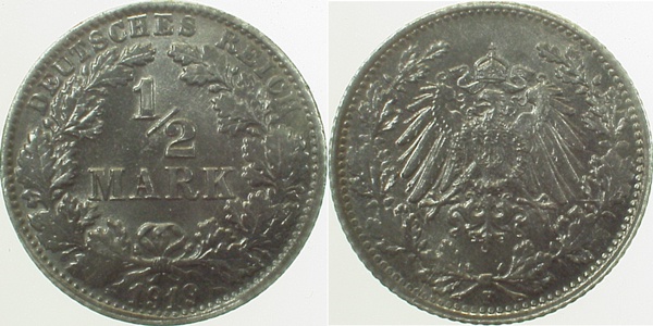 ½ Mark 1919 F vz/stgl geschwärz J016 ½ Mark