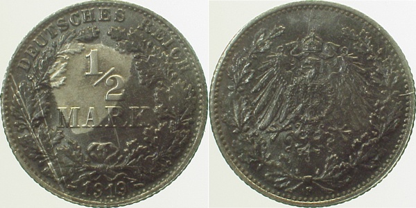 ½ Mark 1919 F vz+ geschwärzt J016 vz+ ½ Mark