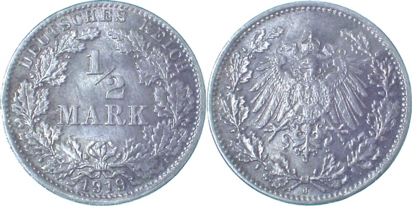 ½ Mark 1919 J Münzzeichen Jsz deutlich doppelt Stgl ! J016 Stgl ½ Mark