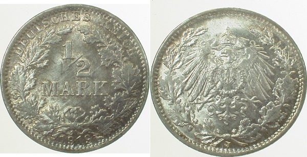 ½ Mark 1919 J prf/stg Münzzeichen 2x ! J016 ½ Mark