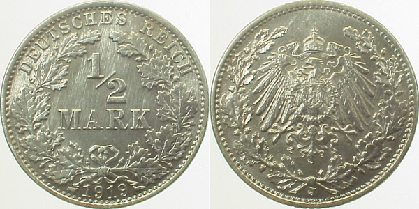 ½ Mark 1919 J prf Münzzeichen stark doppelt J016 ½ Mark
