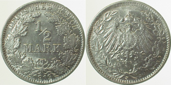 ½ Mark 1919 J vz/st Münzzeichen 2x ! J016 vz/st ½ Mark