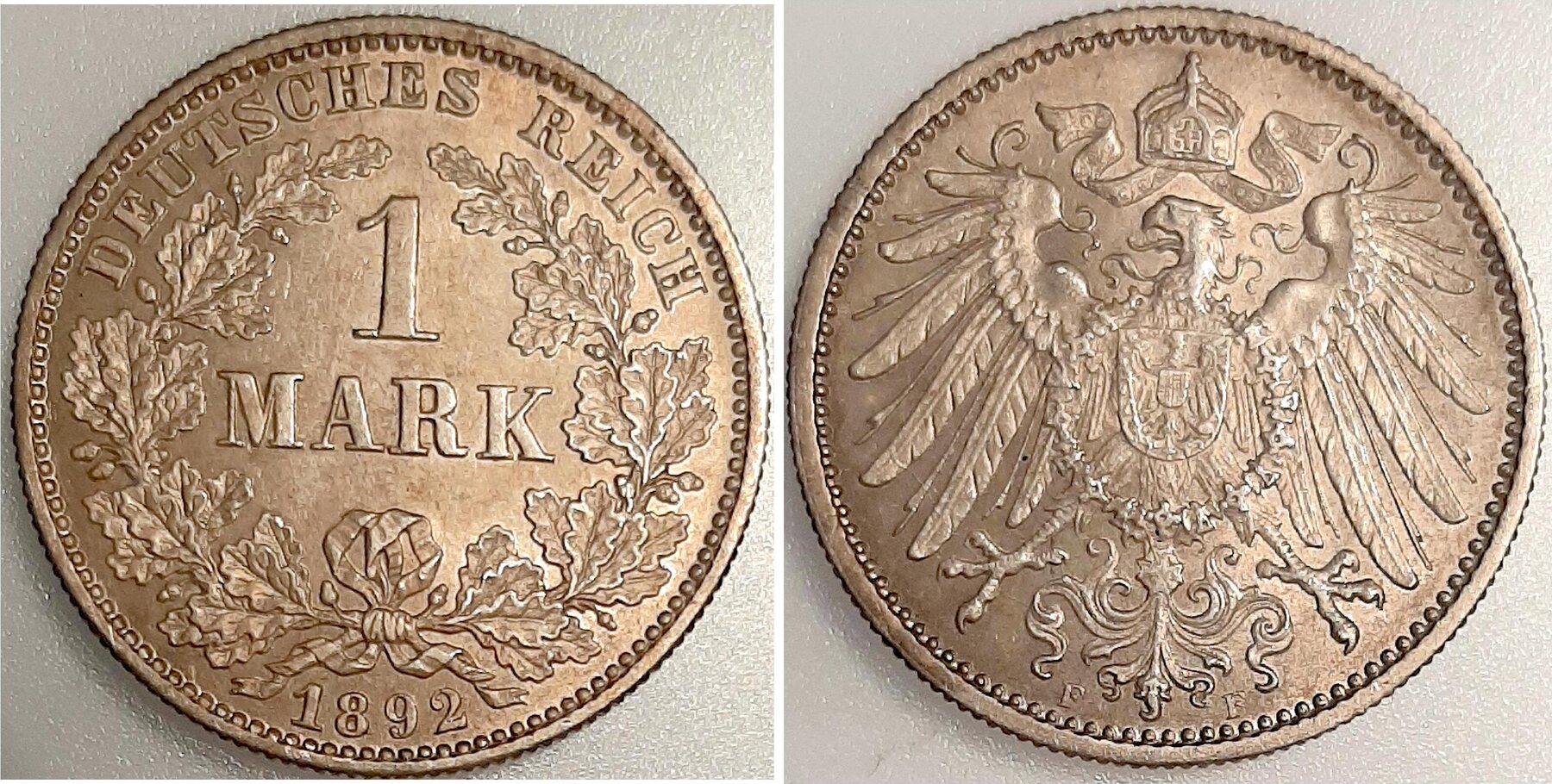 1 Mark 1892 F prfr/stgl J017 beginnende Patina