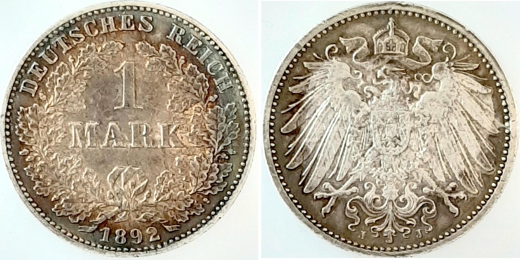1 Mark 1892 J vz/stgl, schöne Patina J017
