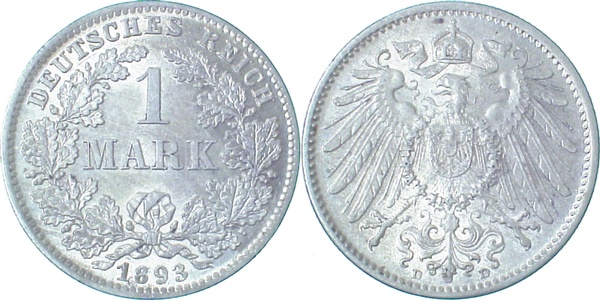 1 Mark 1893 D J017 Zahl "9" in Jahreszahl überprägt