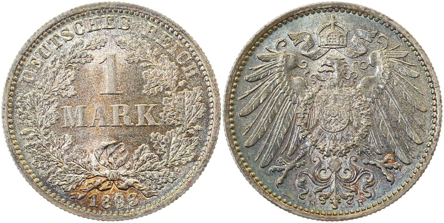 1 Mark 1893 F prfr/stgl herrliche Patina, fast perfekt J17