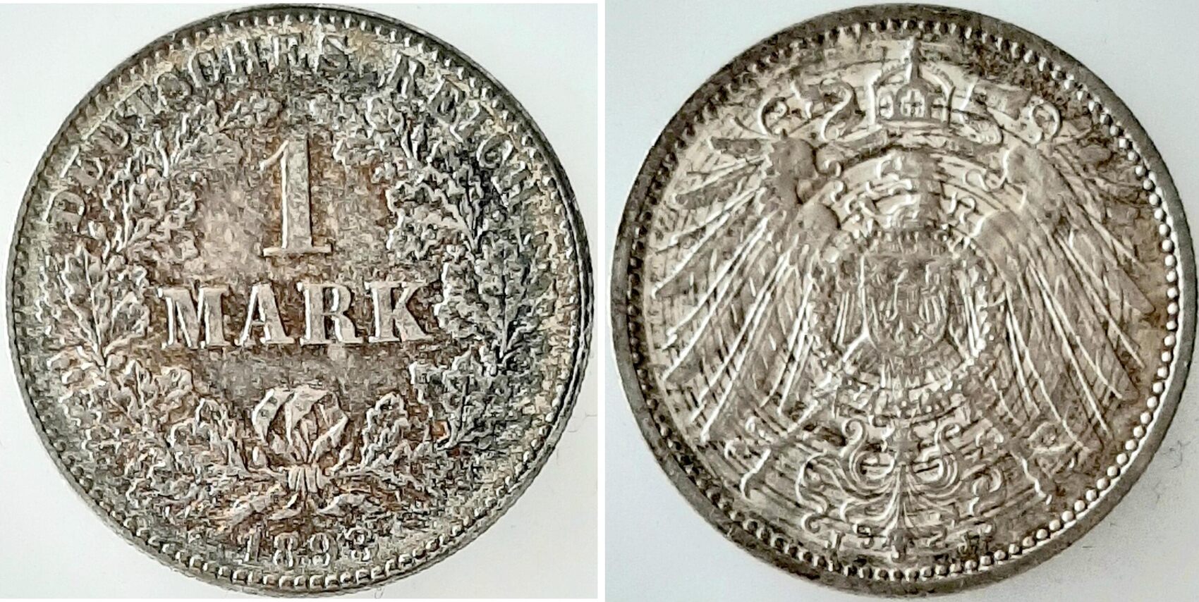 1 Mark 1893 J vz/stgl, Adlerseite: Runde Patina Kreise