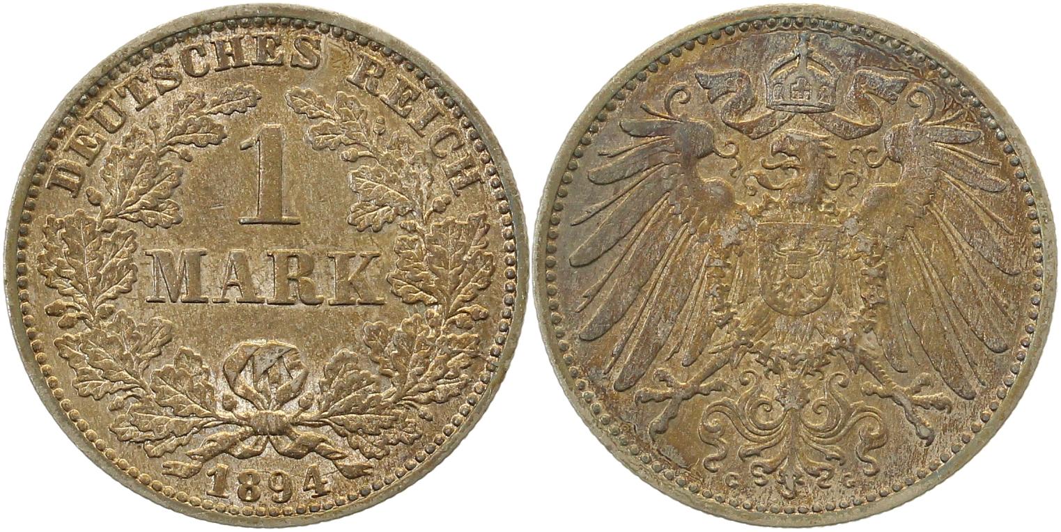 1 Mark 1894 G f prfr/vz/stgl alte leichte Patina J017